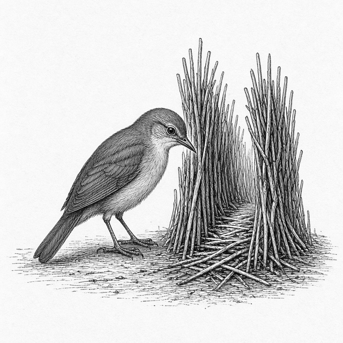 An engraved bowerbird looking into a bower
