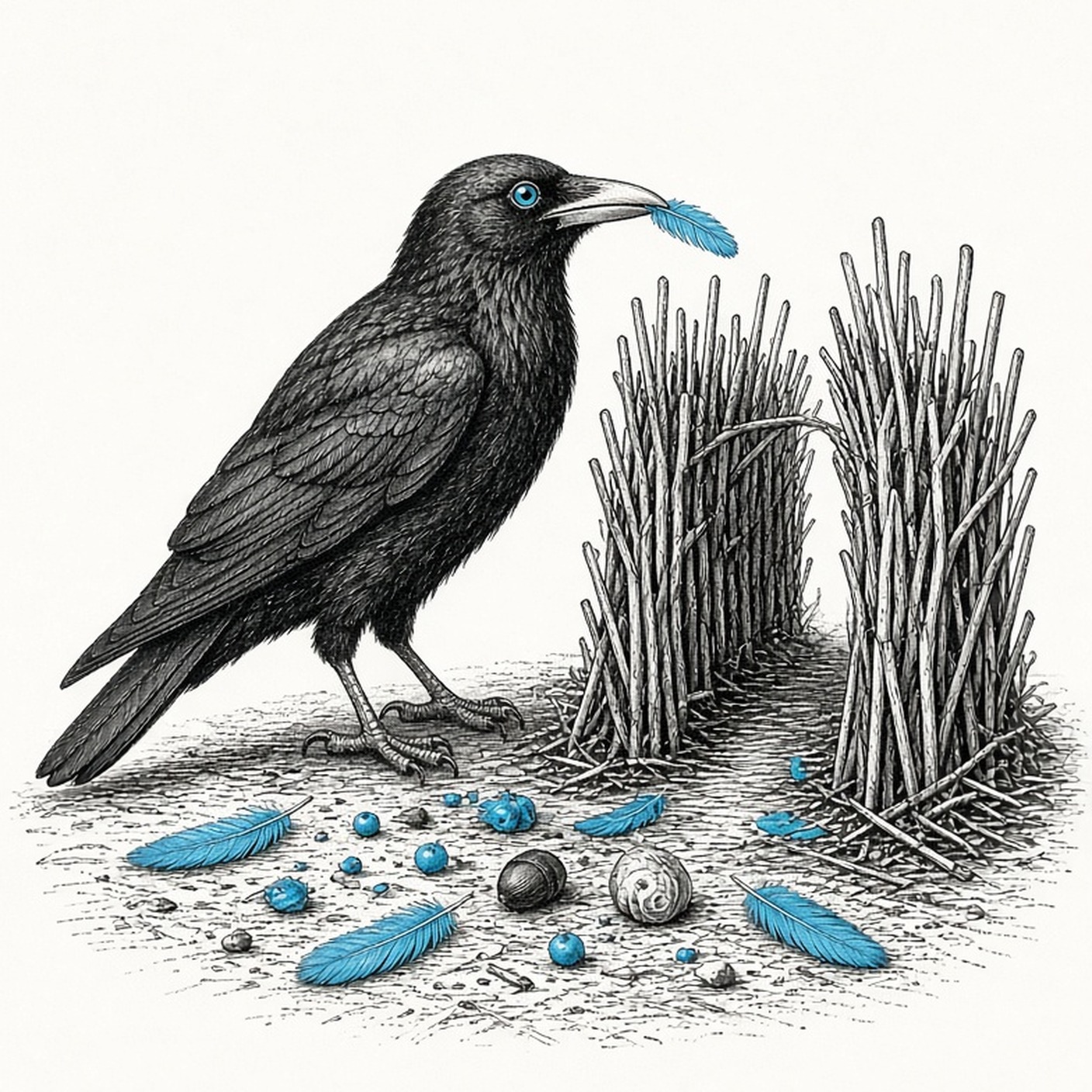 An engraved bowerbird placing a blue feather on its bower of sticks